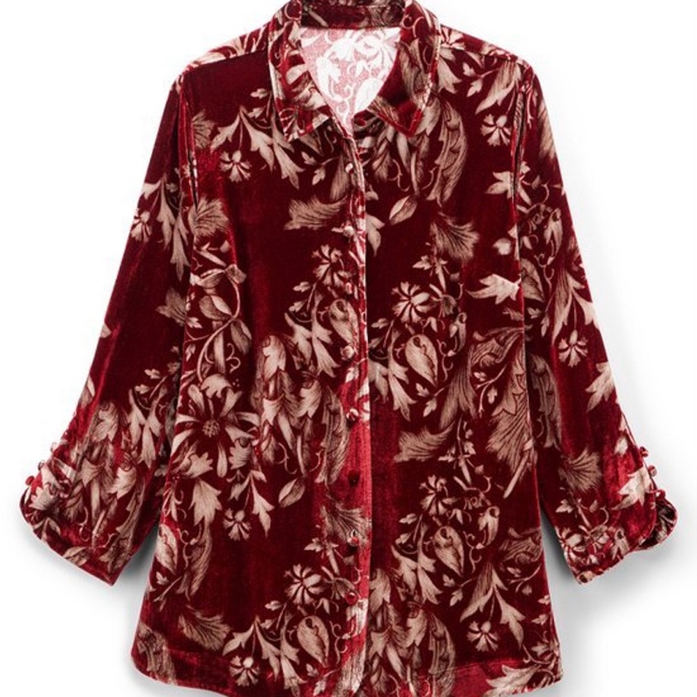 Soft Surroundings Burgundy Floral Silk Velvet Shirt 1X